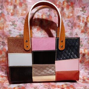 本革ハンドメイド ハンドバッグ パッチワーク