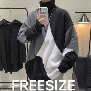 トップス 男女兼用 セーター ニット バイカラー ブロッキング タートルネッ 韓国ファッション 韓国男子 韓国女子 オルチャン