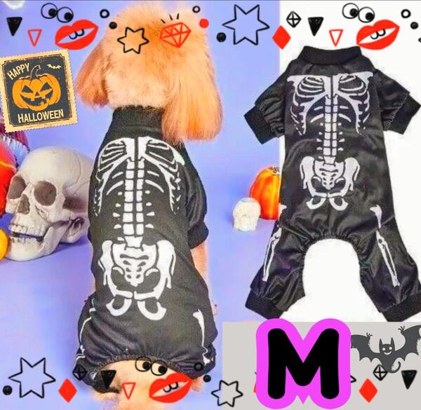 犬 猫 ペット 犬服 服 衣装 コスチューム ハロウィン 骨 スカル がいこつ ロンパース つなぎ 黒 撮影 抜け毛予防 黒 M