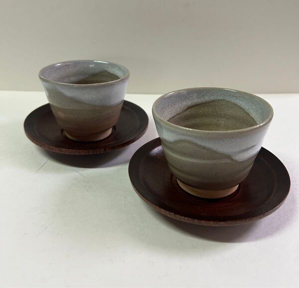 お値下げ★ 萩焼 城山窯 湯呑み2客&木製茶托2枚セット 美品 陶器