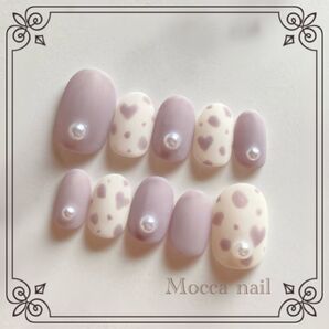 【347】ハートダルメシアン くすみパープル ネイルチップ マット 秋冬ネイル パール ツヤもマットもおすすめ(o^^o)