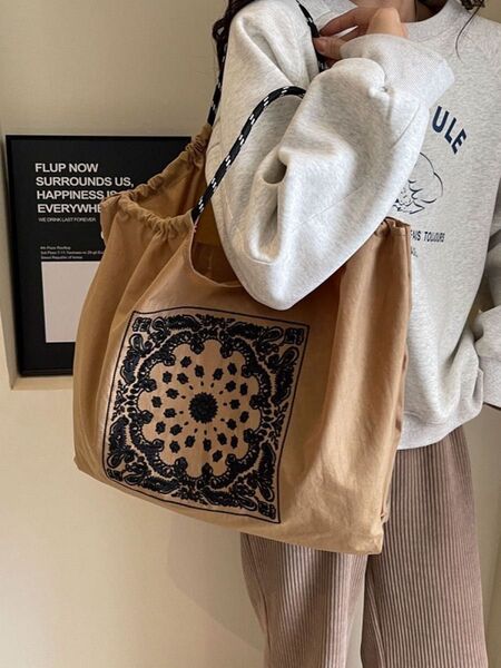 刺繍 エコバッグ バンダナ柄 ベージュ 韓国 トートバッグ ブラウン マザーズバッグ エコバック トートバック 肩掛け 便利