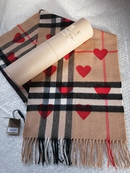 【未使用タグ付き】BURBERRY バーバリー マフラー カシミア100% キャメル レッドハート 未使用 送料無料 ストール スカーフ ショール