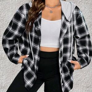 SHEIN ドロップショルダー ドローストリングフード付きアウター 格子縞