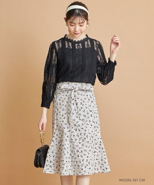 【mearas】tocco closet トッコクローゼット ウエストりぼん付き フラワー×ドットプリント マーメイドスカート
