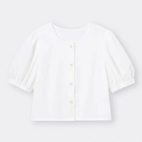 【GU】パールボタンクロップドブラウス5分袖オフホワイトM×1枚