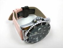 時計交換ベルト 本革レザー Dバックル クロコ型押し バネ棒 工具付き 24mm ピンクXブラック_画像2