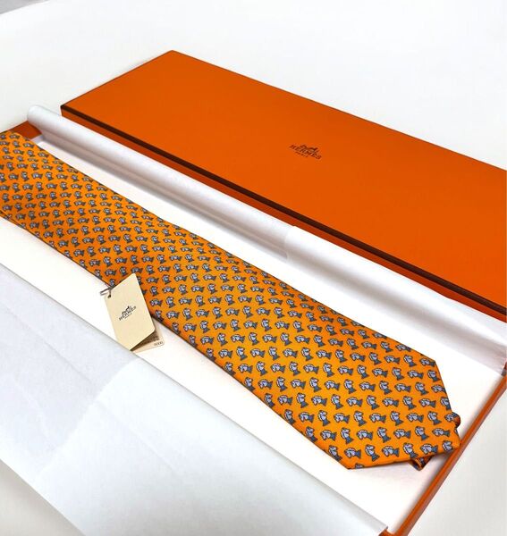 【未使用】HERMES エルメス ネクタイ 馬柄 オレンジ タグ付き 総柄 チェス 動物