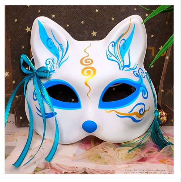 人気商品♪ 狐 お面 青色 コスプレ 仮面 キツネお面 きつね 鈴 和装 ハロウィン 巫女 お祭り 学園祭 文化祭 リボン 可愛い
