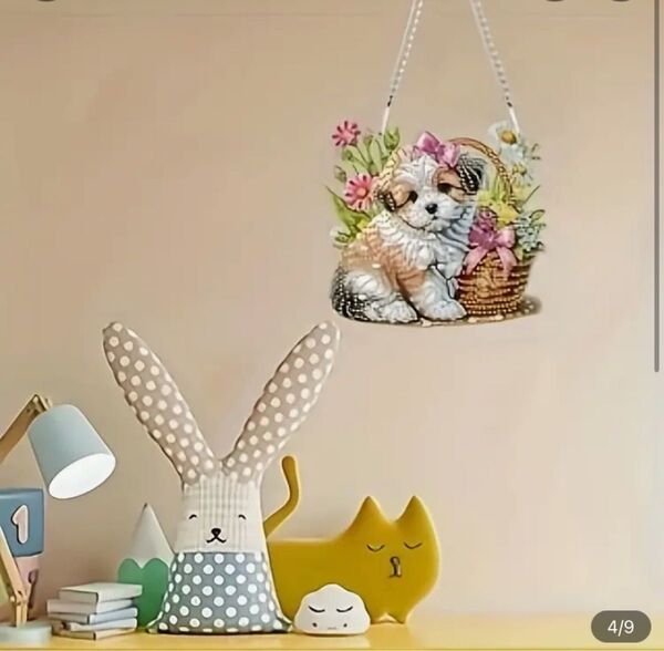 かわいいこいぬちゃんと花カゴのダイアモンドビーズアート(完成品)