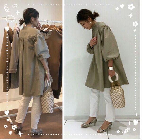 ◆UNIQLO×トーマスマイヤー コラボ◆コットンギャザーワンピース◆Lサイズ◆カーキ オリーブ◆ボリュームスリーブ◆