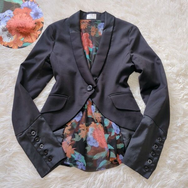 【ムルーア】テーラード ジャケット シースルー 花柄 バックベルト シフォン アウター 上着