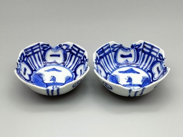 #古伊万里 染付文人山水文輪花向付(選別品 二客揃) (送料込み) 鉢