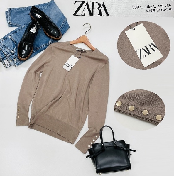 /L/ ZARA ベージュ 長袖ニットセーター タグ カジュアル トップス通勤ゴールドボタン ナイロン混 生地 大人可愛い デイリー ザラ