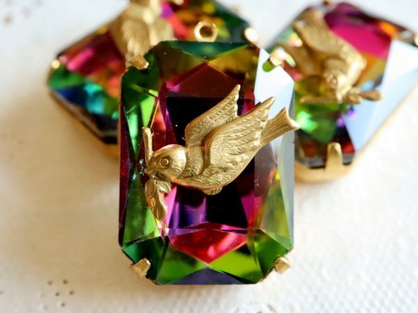 ☆Rare☆ Vintage Bird Twig Bird Vitrail Green Crystal Glass Stone Collection Accessory Parts 1 Piece, hand craft, handicraft, beadwork, others