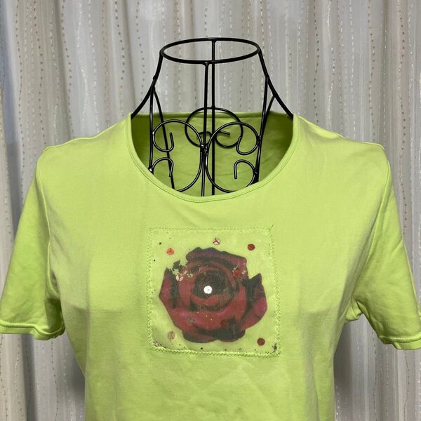 MaxBlue 黄緑 バラ スパンコール 半袖 シンプル Tシャツ オシャレ 花柄 トップス