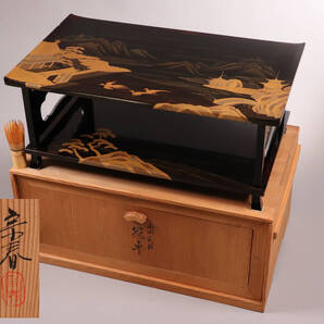 漆芸 輪島塗 蒔絵師 久世宗春 山水金蒔絵 冠卓 二段卓 花台 黒塗 木製 研ぎ出し【MA189】