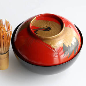 木製漆器 日の出鶴 金蒔絵 大椀 漆芸 朱塗 黒塗 茶懐石道具【CL7】