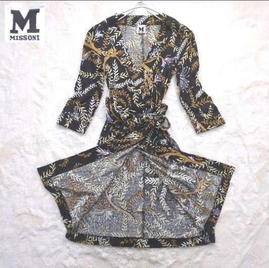 美品!Mミッソーニラップワンピース 総柄 ベルト紐 シルク100% サイズ38