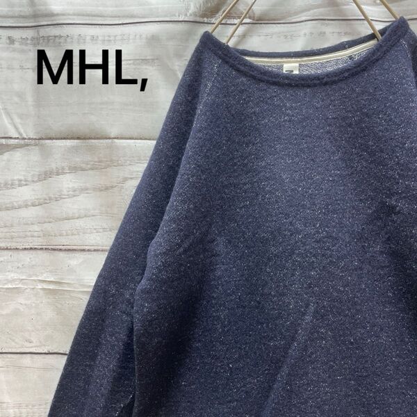 MHL, ウールスウェット ネイビー ラグラン シンプル 秋冬 紺 無地 L