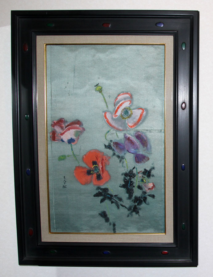 Artwork Tanabe Mie Pine Poppy Flower Obi Framed Bonus and catalog included Comes with box and cloth bag Rare item, painting, oil painting, still life painting