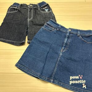 キッズ子ども女の子ボトムス2点セット150センチMサイズポンポネットジュニア ナルミヤ デニムパンツ ショートパンツデニムスカート