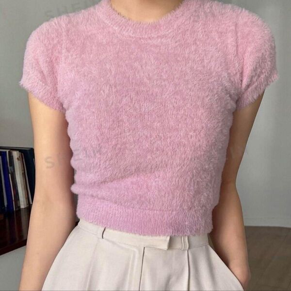 SHEIN シーイン トップス ニット ふわふわ 半袖 ピンク 韓国 セーター