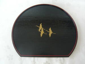 * unused beautiful goods * O-Bon * half month both sides tray * black color &. color crane pattern compound lacquer ware * urethane painting * tray tray O-Bon serving tray *3785