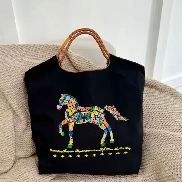 馬柄 フラワーホース flower horseエコバッグ トートバッグMサイズ ブラック