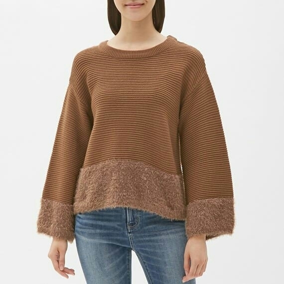 新品同様☆ GU ジーユー フェザー コンビ ニット セーター トップス カットソー ドッキング 切替 Sサイズ ブラウン