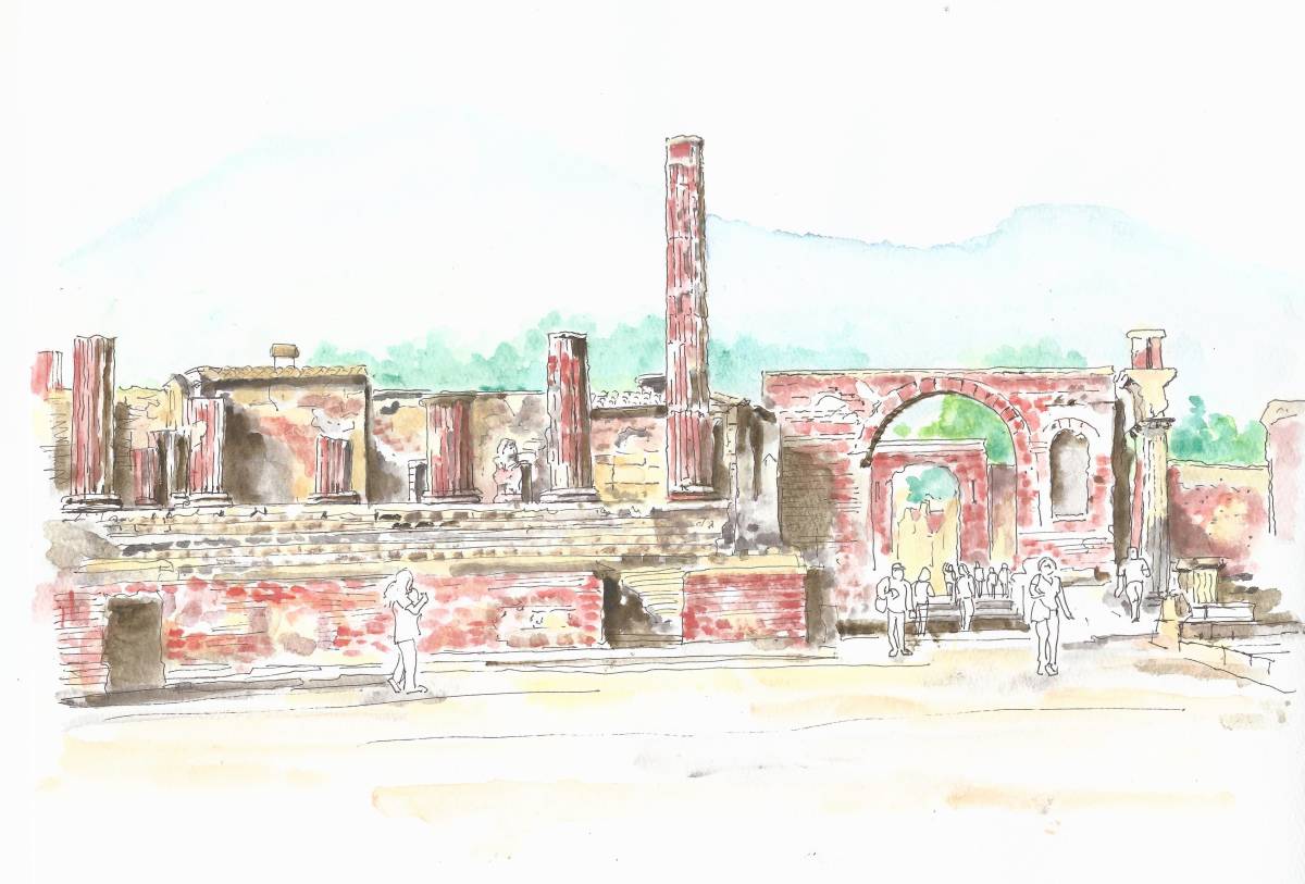 Paisaje urbano patrimonio de la humanidad, ruinas de pompeya, Italia, papel de dibujo F4, pintura de acuarela original, cuadro, acuarela, Naturaleza, Pintura de paisaje