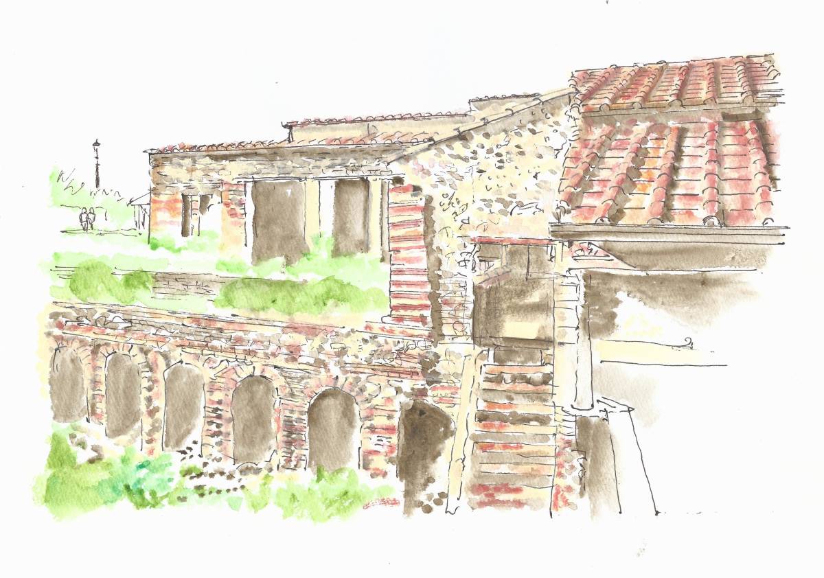 Paysage urbain classé au patrimoine mondial / Ruines de Pompéi, Italie / Papier à dessin F4 / aquarelle originale, peinture, aquarelle, Nature, Peinture de paysage