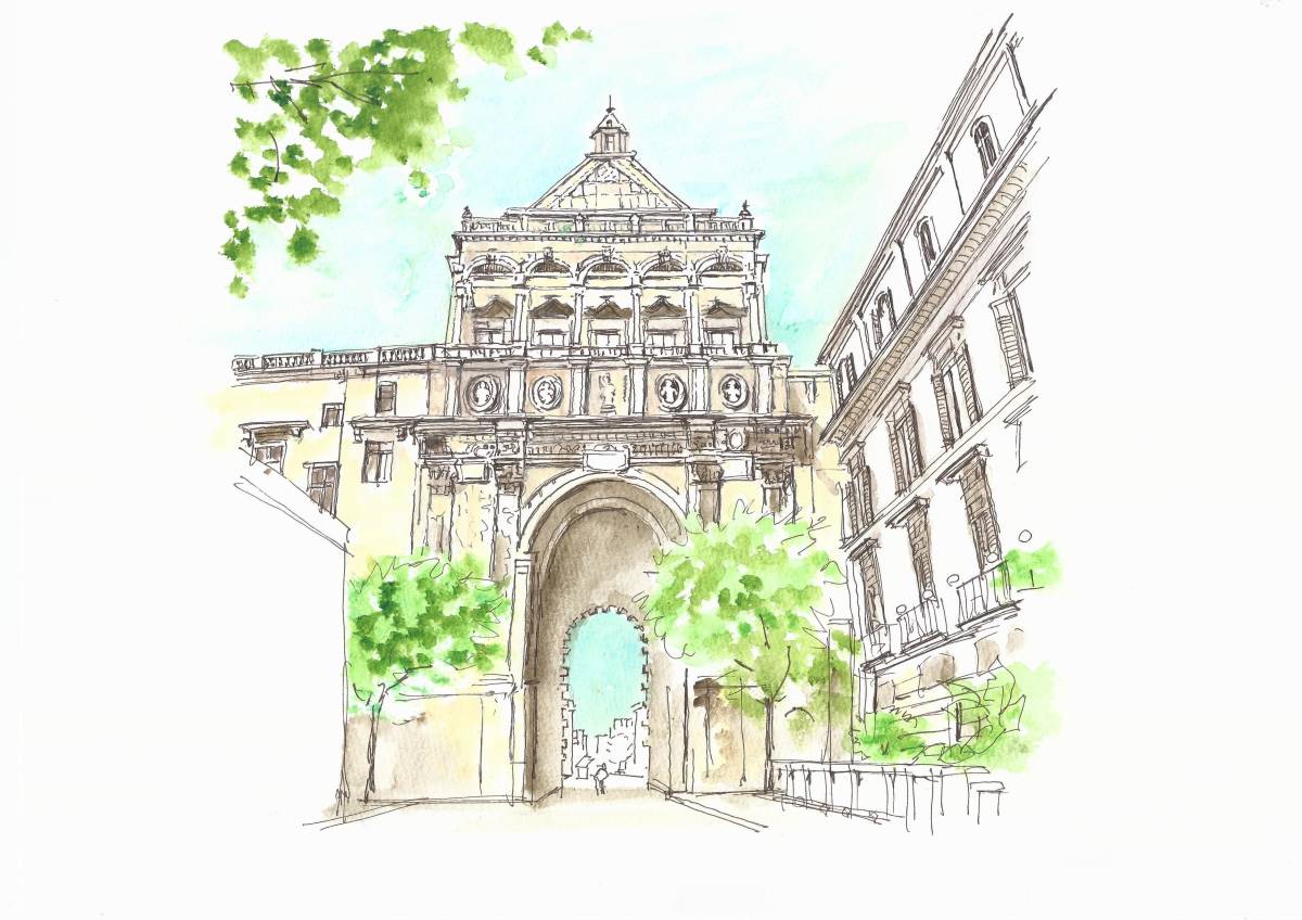 World Heritage Cityscape/Porta Nuovo in Palermo, Italy/F4 drawing paper/Original watercolor painting, painting, watercolor, Nature, Landscape painting