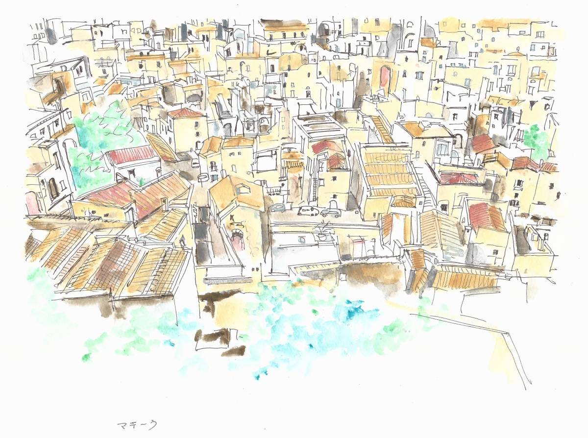 世界遺産の街並･イタリア マテーラのサッシ･F4画用紙･水彩画原画, 絵画, 水彩, 自然, 風景画