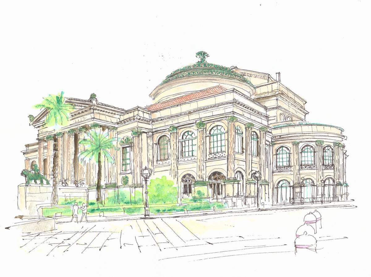 Weltkulturerbe-Stadtbild: Teatro Massimo in Palermo, Italien 2, F4 Zeichenpapier, Original Aquarell, Malerei, Aquarell, Natur, Landschaftsmalerei