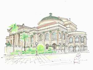 Art hand Auction World Heritage Cityscape: Teatro Massimo in Palermo, Italy 2, F4 drawing paper, original watercolor painting, Painting, watercolor, Nature, Landscape painting