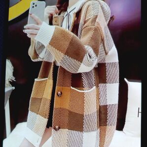 【未使用】プレイドパターンボタンフロントフーディカーディガンジャケット ロングスリープデュアルポケット