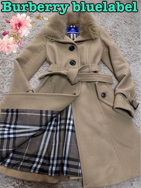 【Burberry blue label】フォックスファー 羊毛 アンゴラコート バーバリー ノバチェック
