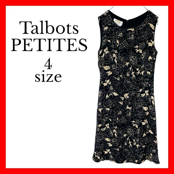 【Talbots PETITES タルボット】美品 ノースリーブ ワンピース サイズ4 Sサイズ相当 黒 ブラック ロング 花柄 総柄 匿名配送 送料無料