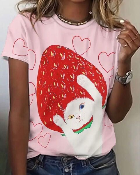 いちごと白猫ちゃん 猫柄 半袖Tシャツ ピンク Lサイズ