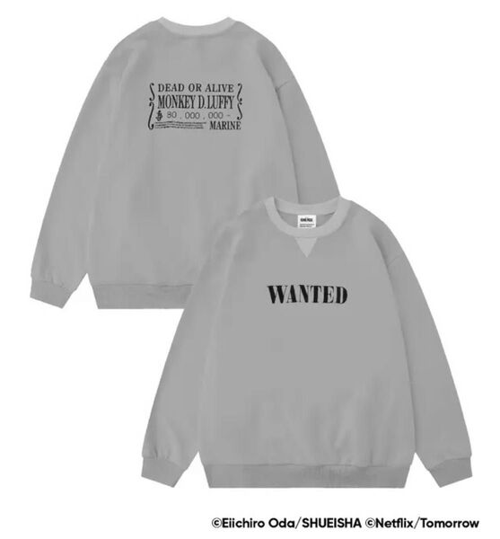 【Netflix実写版ONE PIECE】フロントWANTED刺繍ルーズシルエットスウェット・グレー系・XL(未使用・未着用品)