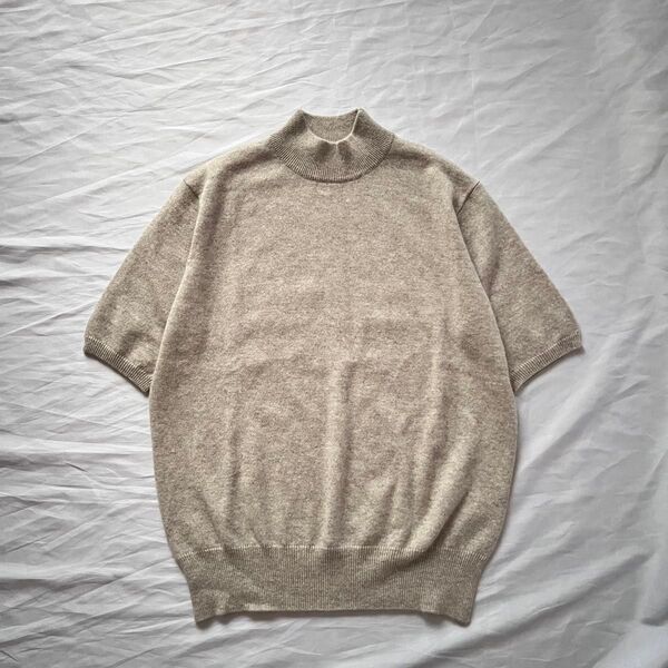 【洗える】 美品 カシミヤ100% cashmere ハイネックニット knit セーター 半袖 ベージュ 秋冬 タートル