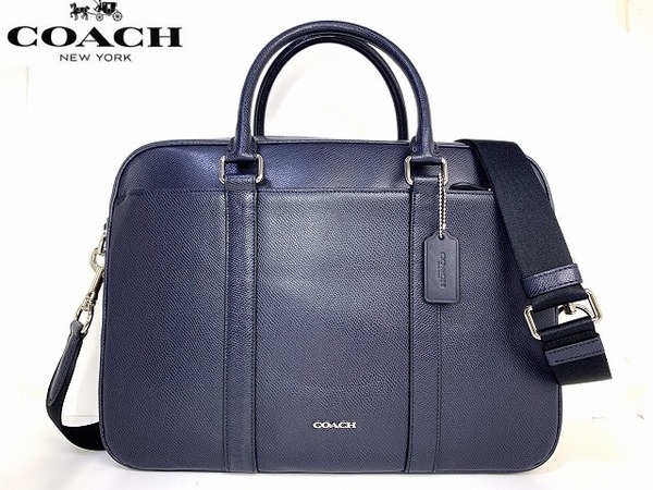 新品同様★送料無料★ コーチ COACH メンズ 2Way レザー ビジネスバッグ ブリーフケース ショルダー ネイビー