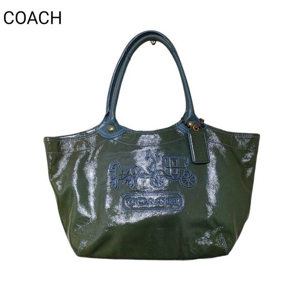 COACH ショルダーバッグ レザー グリーン トートバッグ 馬車 パテントレザー 12403