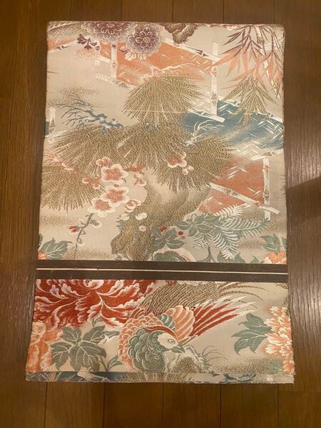 袋帯 織 全通柄 ベージュに鳥と花柄