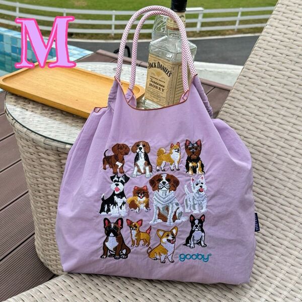 刺繍 エコバッグ 犬 わんちゃん トートバッグ おしゃれ 韓国 ナイロン M ストラップ無し