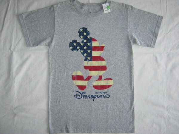 ★新品 HONG KONG DISNEYLAND 香港ディズニーランド限定 ミッキーマウス Tシャツ XS ヘザーグレー 星条旗柄 アメリカ国旗柄 シルエット柄★
