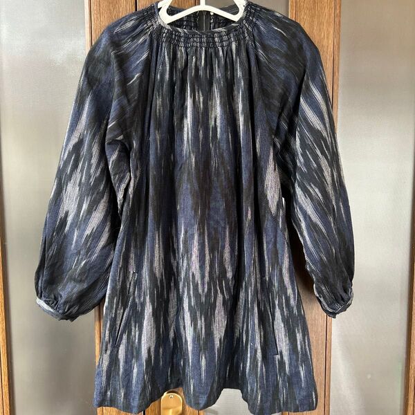 69300円【DIESELブラックゴールド】レディース【バルーン風袖スモック風チュニック ワンピース】ネイビー×ブラック×グレー柄