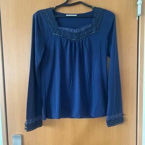 axes femme トップス レース 長袖 スクエアネック ネイビー M