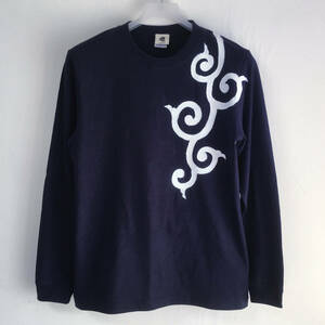 Art hand Auction Hand-drawn arabesque pattern sleeve ribbed long T-shirt M size navy long sleeve fall/winter dark blue Japanese pattern Japanese style, T-shirt, long sleeve, M size